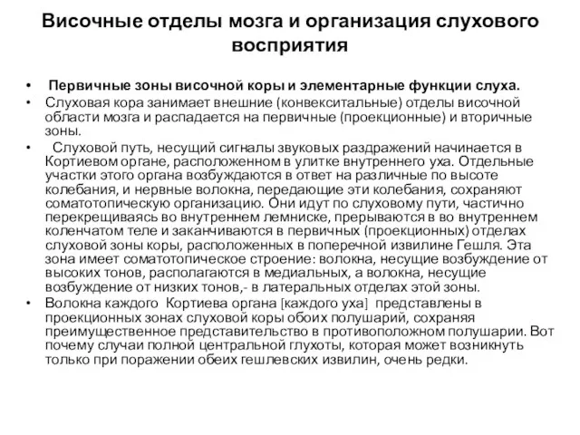 Височные отделы мозга и организация слухового восприятия Первичные зоны височной коры