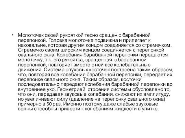 Молоточек своей рукояткой тесно сращен с барабанной перепонкой. Головка молоточка подвижна