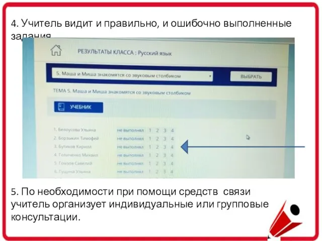 4. Учитель видит и правильно, и ошибочно выполненные задания. 5. По