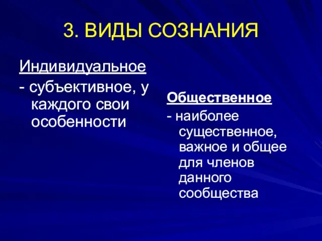 3. ВИДЫ СОЗНАНИЯ Индивидуальное - субъективное, у каждого свои особенности Общественное