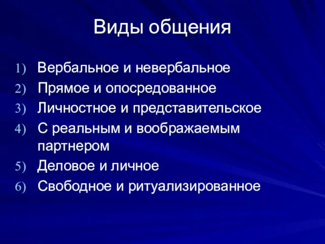 Виды общения Вербальное и невербальное Прямое и опосредованное Личностное и представительское