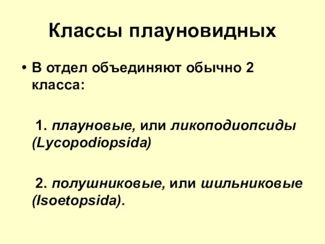 Классы плауновидных В отдел объединяют обычно 2 класса: 1. плауновые, или