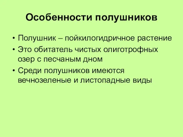 Особенности полушников Полушник – пойкилогидричное растение Это обитатель чистых олиготрофных озер