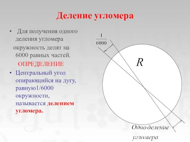 Деление угломера Для получения одного деления угломера окружность делят на 6000