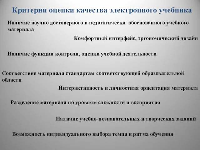 Критерии оценки качества электронного учебника Наличие научно достоверного и педагогически обоснованного