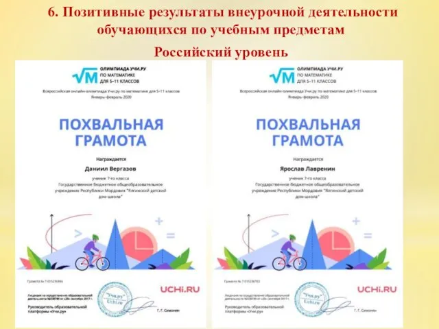 6. Позитивные результаты внеурочной деятельности обучающихся по учебным предметам Российский уровень