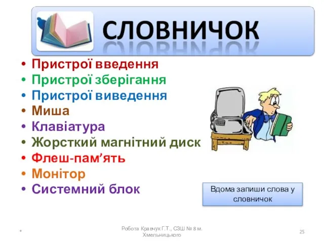 Пристрої введення Пристрої зберігання Пристрої виведення Миша Клавіатура Жорсткий магнітний диск