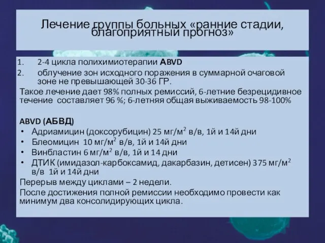 Лечение группы больных «ранние стадии, благоприятный прогноз» 2-4 цикла полихимиотерапии АBVD