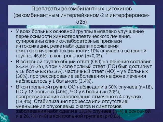 Препараты рекомбинантных цитокинов (рекомбинантным интерлейкином-2 и интерфероном-α2b) У всех больных основной