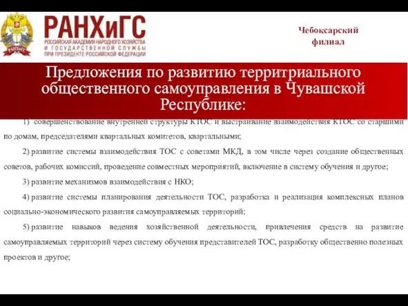 Предложения по развитию территриального общественного самоуправления в Чувашской Республике: Чебоксарский филиал