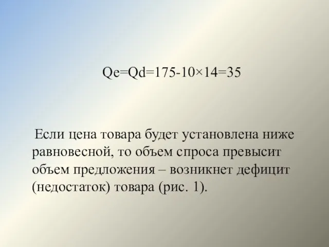 Qе=Qd=175-10×14=35 Если цена товара будет установлена ниже равновесной, то объем спроса