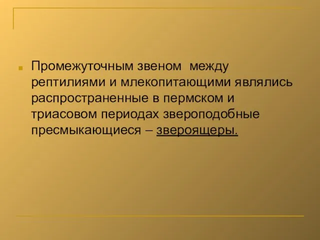 Промежуточным звеном между рептилиями и млекопитающими являлись распространенные в пермском и