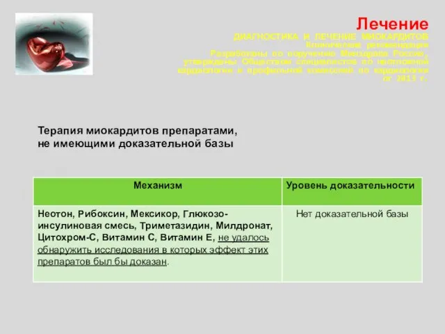 Лечение ДИАГНОСТИКА И ЛЕЧЕНИЕ МИОКАРДИТОВ Клинические рекомендации Разработаны по поручению Минздрава