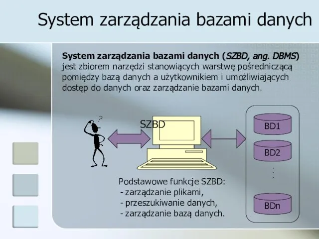 System zarządzania bazami danych System zarządzania bazami danych (SZBD, ang. DBMS)