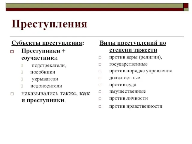 Преступления Субъекты преступления: Преступники + соучастники подстрекатели, пособники укрыватели недоносители наказывались