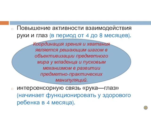 Повышение активности взаимодействия руки и глаз (в период от 4 до