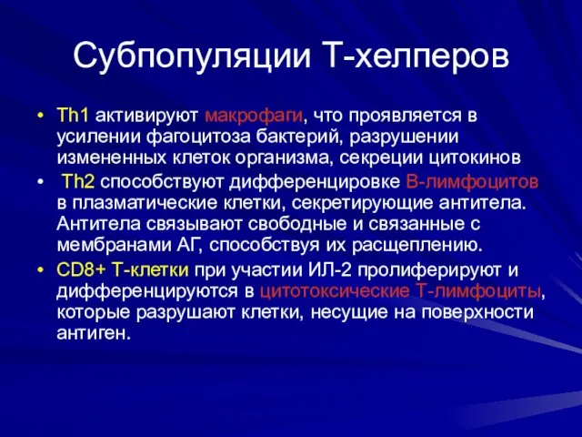 Субпопуляции Т-хелперов Th1 активируют макрофаги, что проявляется в усилении фагоцитоза бактерий,