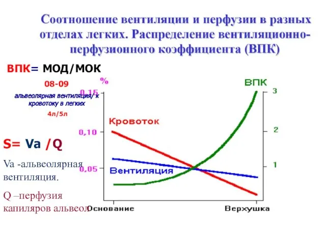 ВПК= МОД/МОК 08-09 альвеолярная вентиляция/ к кровотоку в легких 4л/5л S=