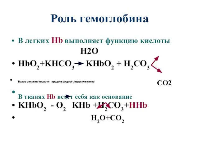 Роль гемоглобина В легких Hb выполняет функцию кислоты H2O HbO2+KHCO3 KHbO2