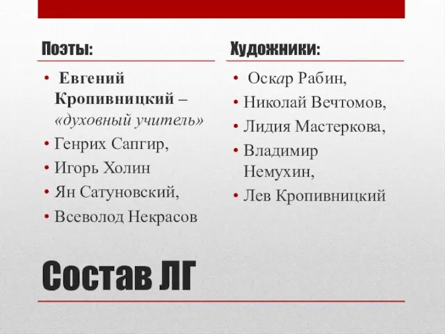 Состав ЛГ Поэты: Евгений Кропивницкий – «духовный учитель» Генрих Сапгир, Игорь