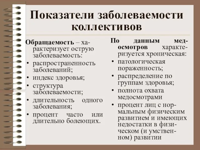 Показатели заболеваемости коллективов Обращаемость – ха-рактеризует острую заболеваемость: распространенность заболеваний; индекс