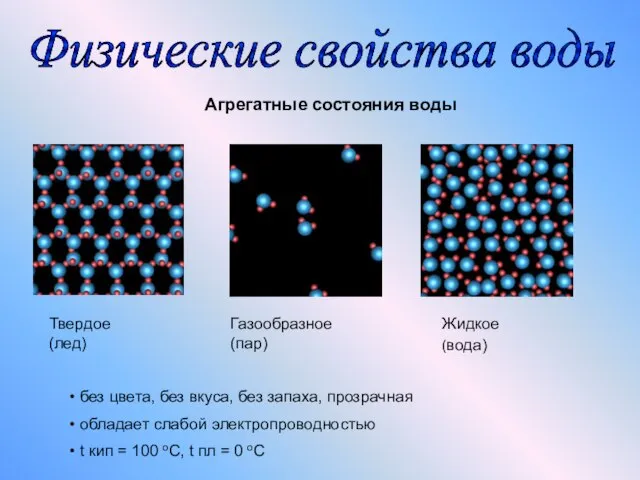 Агрегатные состояния воды без цвета, без вкуса, без запаха, прозрачная обладает