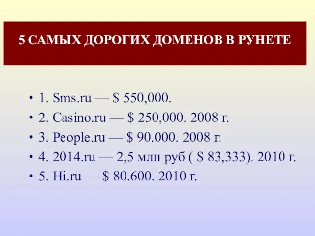 5 САМЫХ ДОРОГИХ ДОМЕНОВ В РУНЕТЕ 1. Sms.ru — $ 550,000.