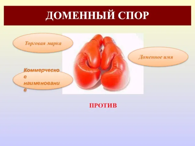 ДОМЕННЫЙ СПОР Торговая марка Коммерческое наименование Доменное имя ПРОТИВ