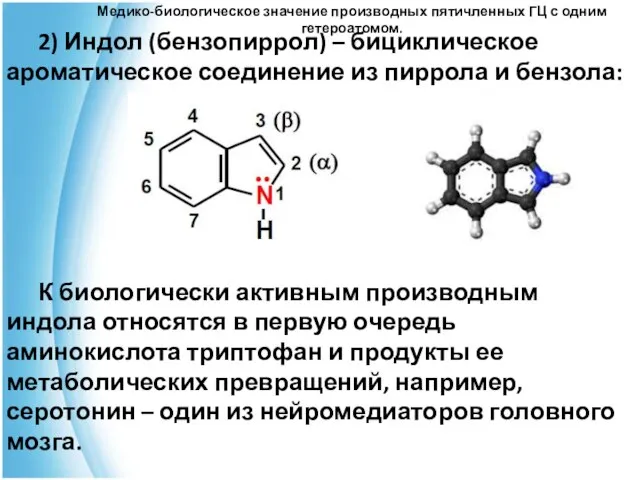 Медико-биологическое значение производных пятичленных ГЦ с одним гетероатомом. 2) Индол (бензопиррол)
