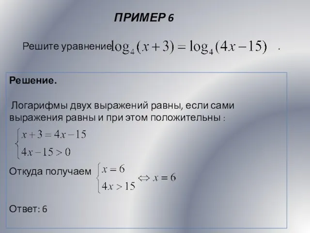 ПРИМЕР 6 Решение. Логарифмы двух выражений равны, если сами выражения равны