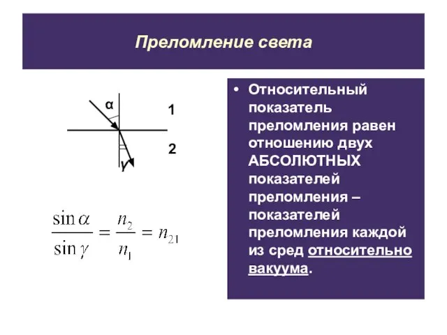 Преломление света Относительный показатель преломления равен отношению двух АБСОЛЮТНЫХ показателей преломления