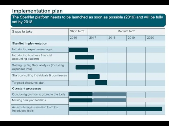 Implementation plan The SberNet platform needs to be launched as soon