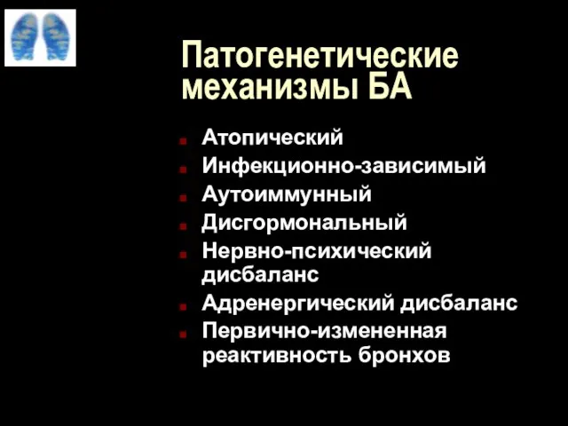 Патогенетические механизмы БА Атопический Инфекционно-зависимый Аутоиммунный Дисгормональный Нервно-психический дисбаланс Адренергический дисбаланс Первично-измененная реактивность бронхов