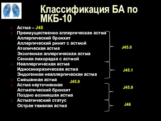 Классификация БА по МКБ-10 Астма – J45 Преимущественно аллергическая астма Аллергический