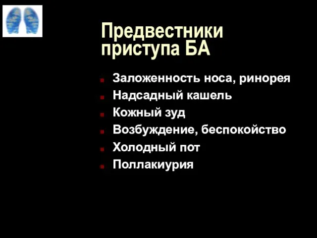 Предвестники приступа БА Заложенность носа, ринорея Надсадный кашель Кожный зуд Возбуждение, беспокойство Холодный пот Поллакиурия