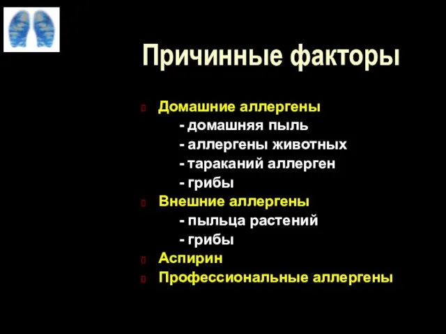 Причинные факторы Домашние аллергены - домашняя пыль - аллергены животных -