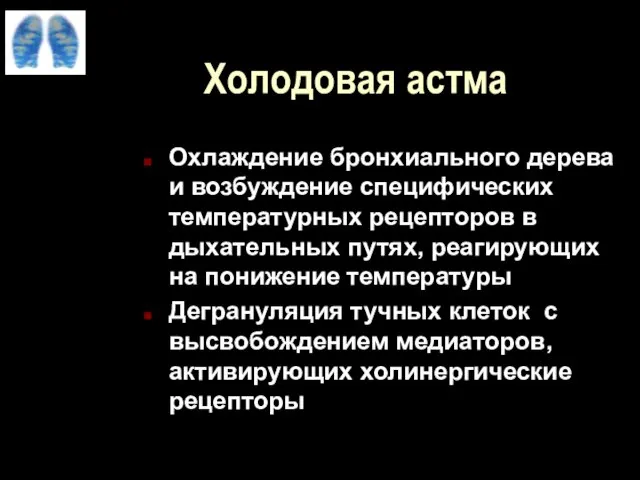 Холодовая астма Охлаждение бронхиального дерева и возбуждение специфических температурных рецепторов в