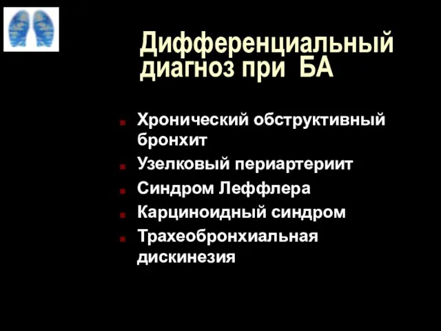 Дифференциальный диагноз при БА Хронический обструктивный бронхит Узелковый периартериит Синдром Леффлера Карциноидный синдром Трахеобронхиальная дискинезия