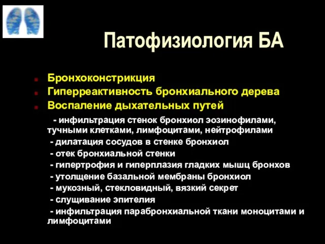 Патофизиология БА Бронхоконстрикция Гиперреактивность бронхиального дерева Воспаление дыхательных путей - инфильтрация