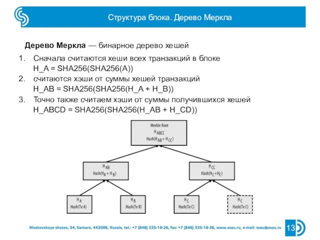 Структура блока. Дерево Меркла 13 Дерево Меркла — бинарное дерево хешей