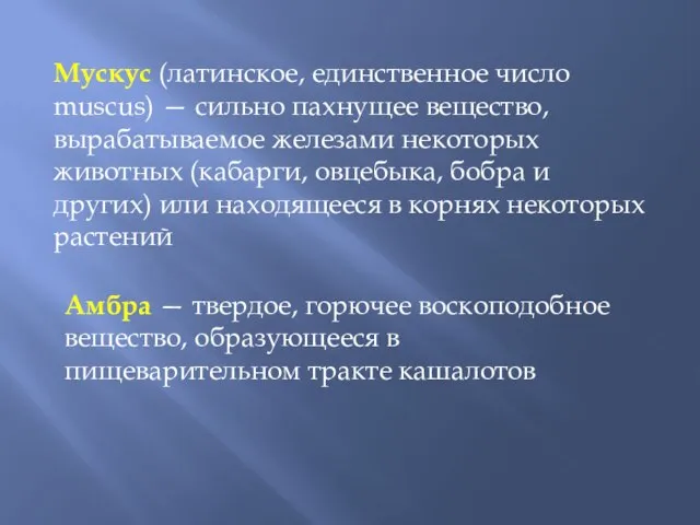 Мускус (латинское, единственное число muscus) — сильно пахнущее вещество, вырабатываемое железами