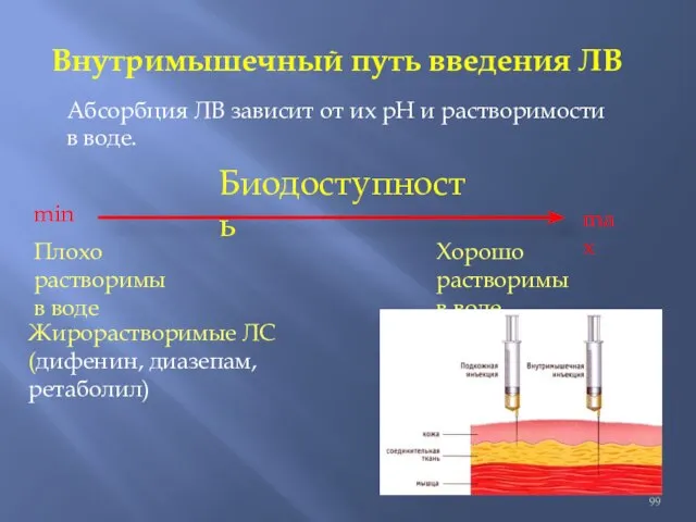 Внутримышечный путь введения ЛВ Абсорбция ЛВ зависит от их рН и