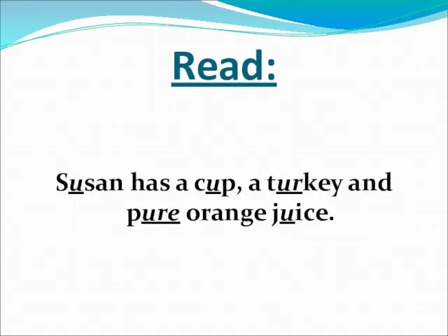 Read: Susan has a cup, a turkey and pure orange juice.