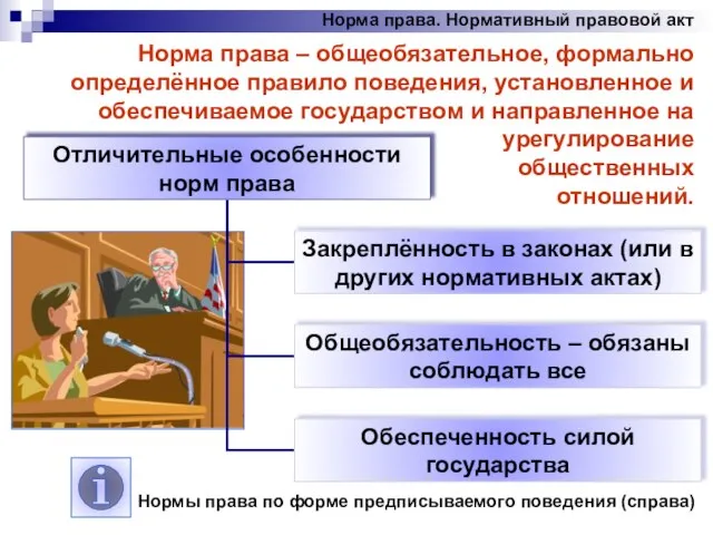 Норма права. Нормативный правовой акт Норма права – общеобязательное, формально определённое