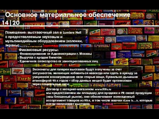 Основное материальное обеспечение 14|20 Экспонаты для галереи выставки будут получены за