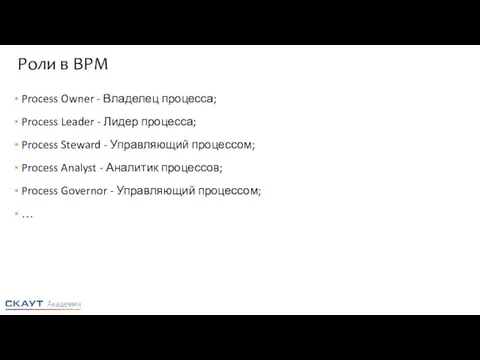 Роли в BPM Process Owner - Владелец процесса; Process Leader -