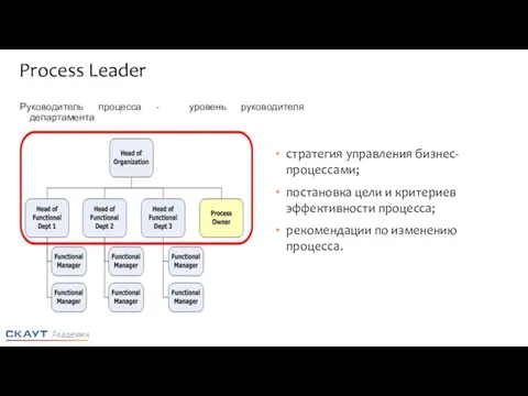 Process Leader Руководитель процесса - уровень руководителя департамента стратегия управления бизнес-процессами;