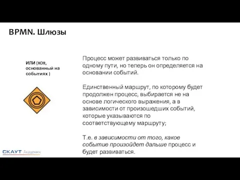 ИЛИ (XOR, основанный на событиях ) Процесс может развиваться только по