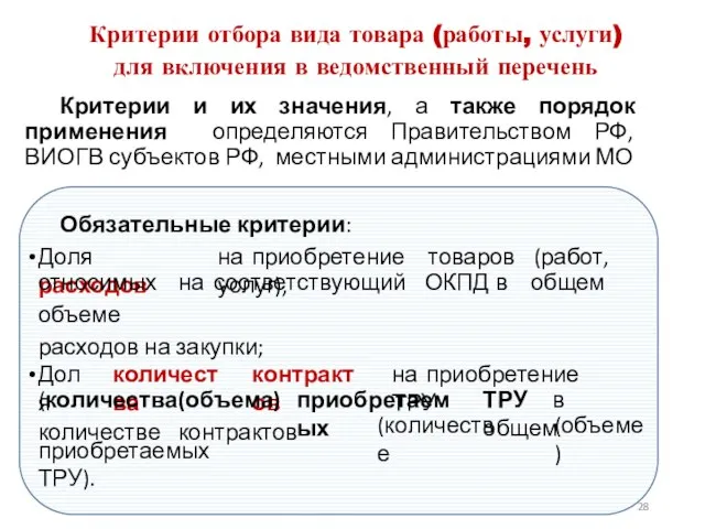 Критерии отбора вида товара (работы, услуги) для включения в ведомственный перечень