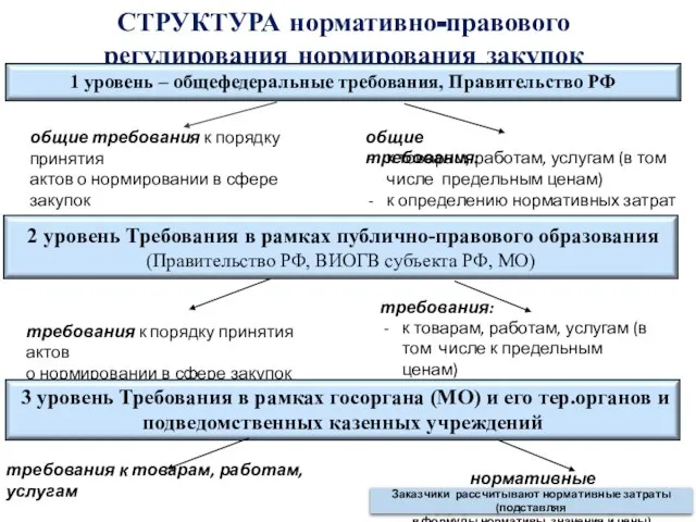 СТРУКТУРА нормативно-правового регулирования нормирования закупок 1 уровень – общефедеральные требования, Правительство